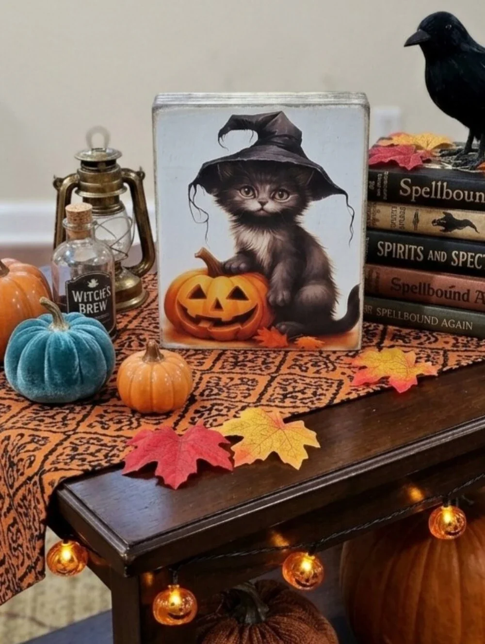 Upcycled Halloween Black Cat & Pumpkin Shelf Sitter Sign